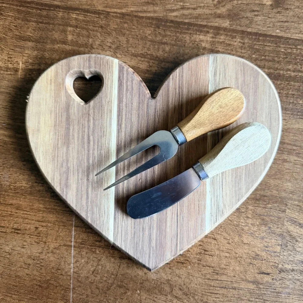 Heart Shaped Wooden Charcuterie Board Set with Cheese Fork and Spreader Knife